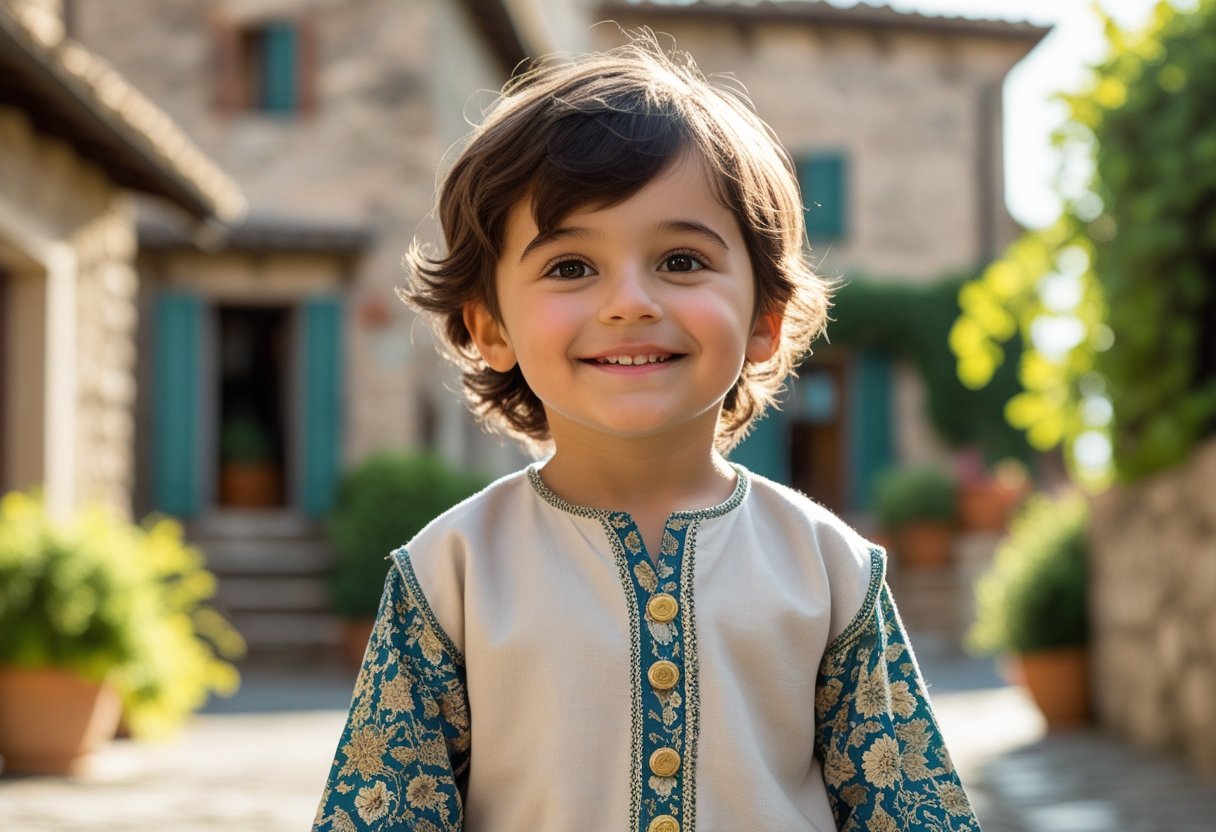 Criança italiana sorrindo, vestindo roupas tradicionais, em uma vila italiana ao ar livre com edifícios de pedra e vegetação ao fundo.