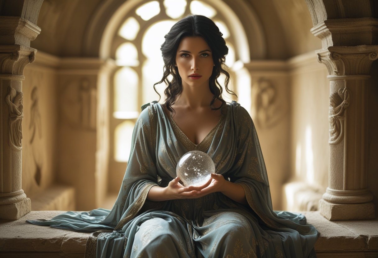 Mulher vestida com roupas clássicas em uma câmara antiga, segurando um pergaminho, com olhar intenso e ambiente iluminado suavemente.