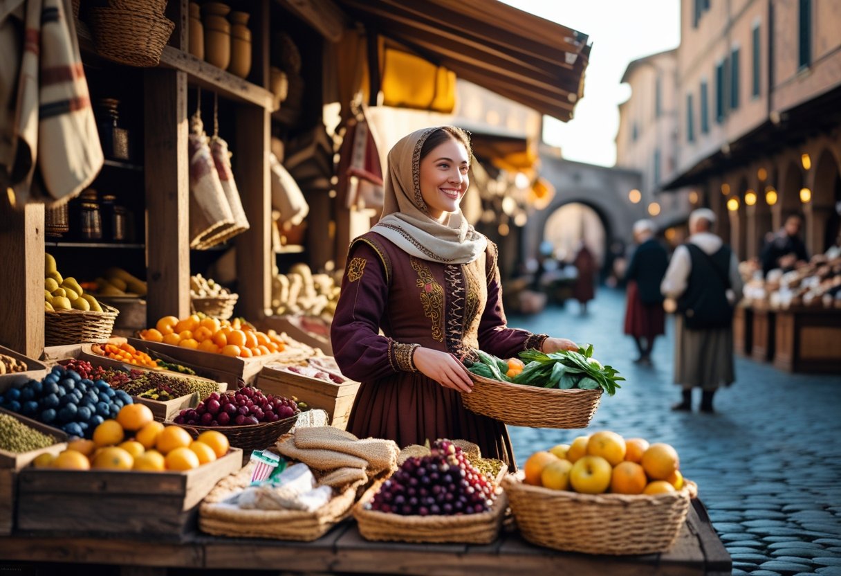 Mulher italiana vestida com roupas antigas vendendo produtos em uma feira ao ar livre, cercada por barracas e pessoas.