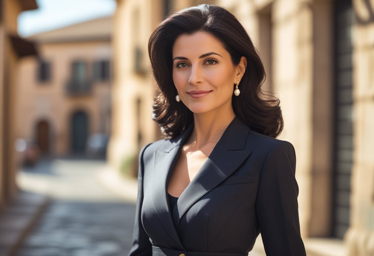 Mulher italiana casada, elegante, em pé em uma rua urbana com arquitetura italiana ao fundo.