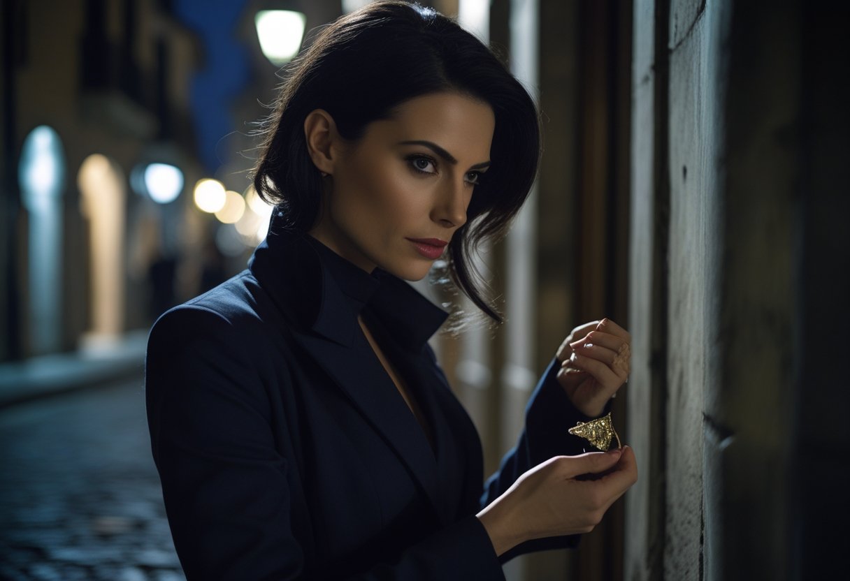 Mulher italiana em roupa escura em uma rua da cidade à noite, parecendo furtiva enquanto segura um pequeno objeto.