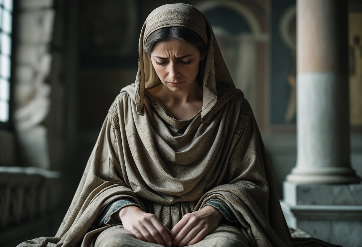 Mulher italiana sentada com expressão triste e desapontada, em um ambiente antigo com colunas de pedra ao fundo.