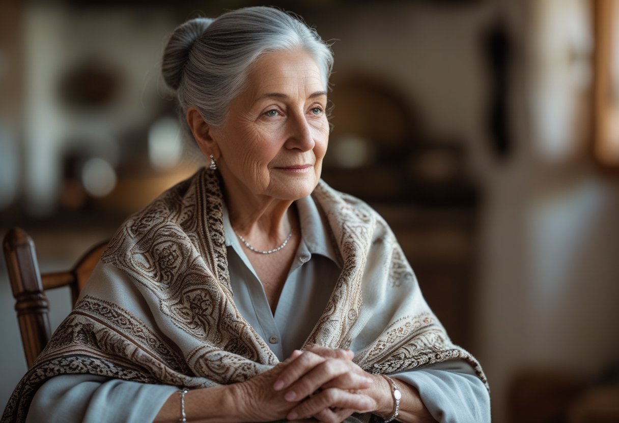 Uma senhora italiana idosa com cabelo grisalho preso, usando um xale tradicional, em um ambiente interno aconchegante.