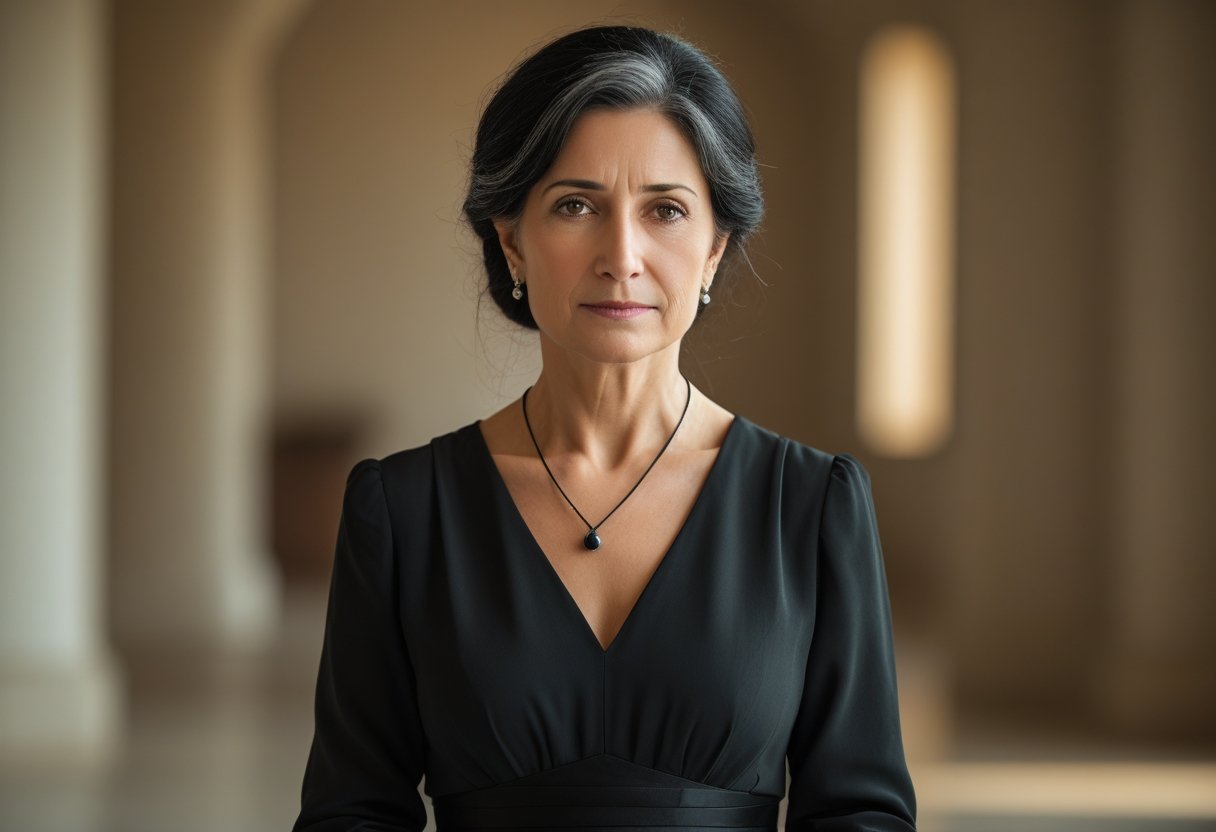 Mulher italiana de meia-idade com expressão calma, vestindo roupa preta em ambiente interno neutro.