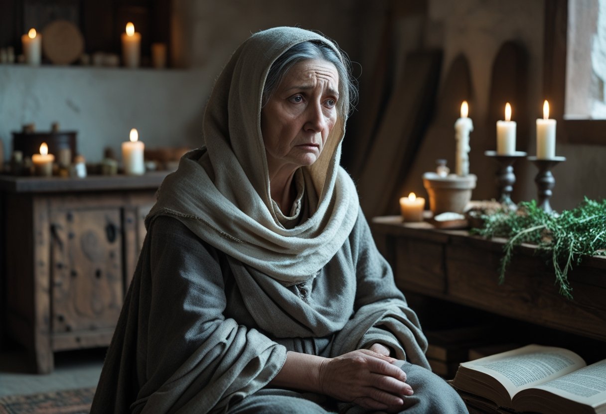 Mulher italiana idosa sentada em um ambiente antigo, aparentando estar doente e cansada.