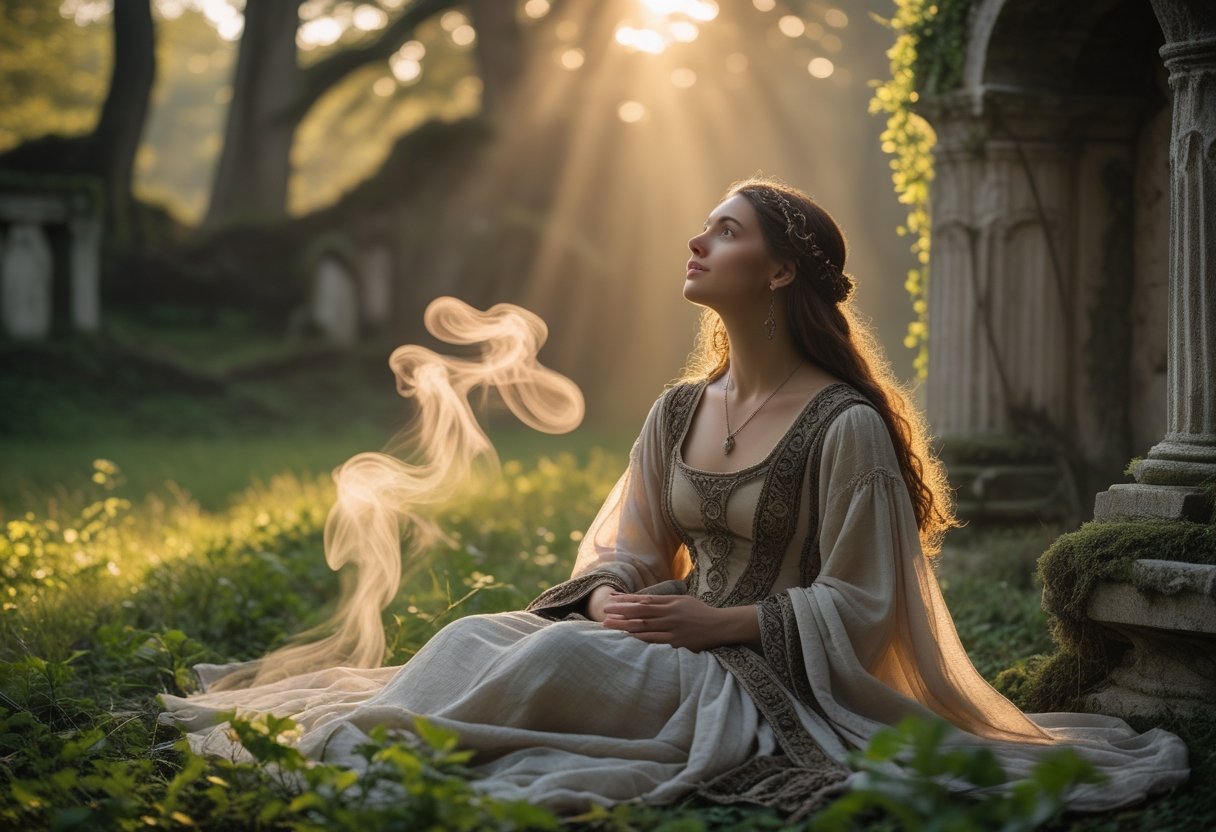 Mulher contemplativa em floresta antiga com roupas elegantes, cercada por névoa suave, transmitindo uma atmosfera mística e tranquila.
