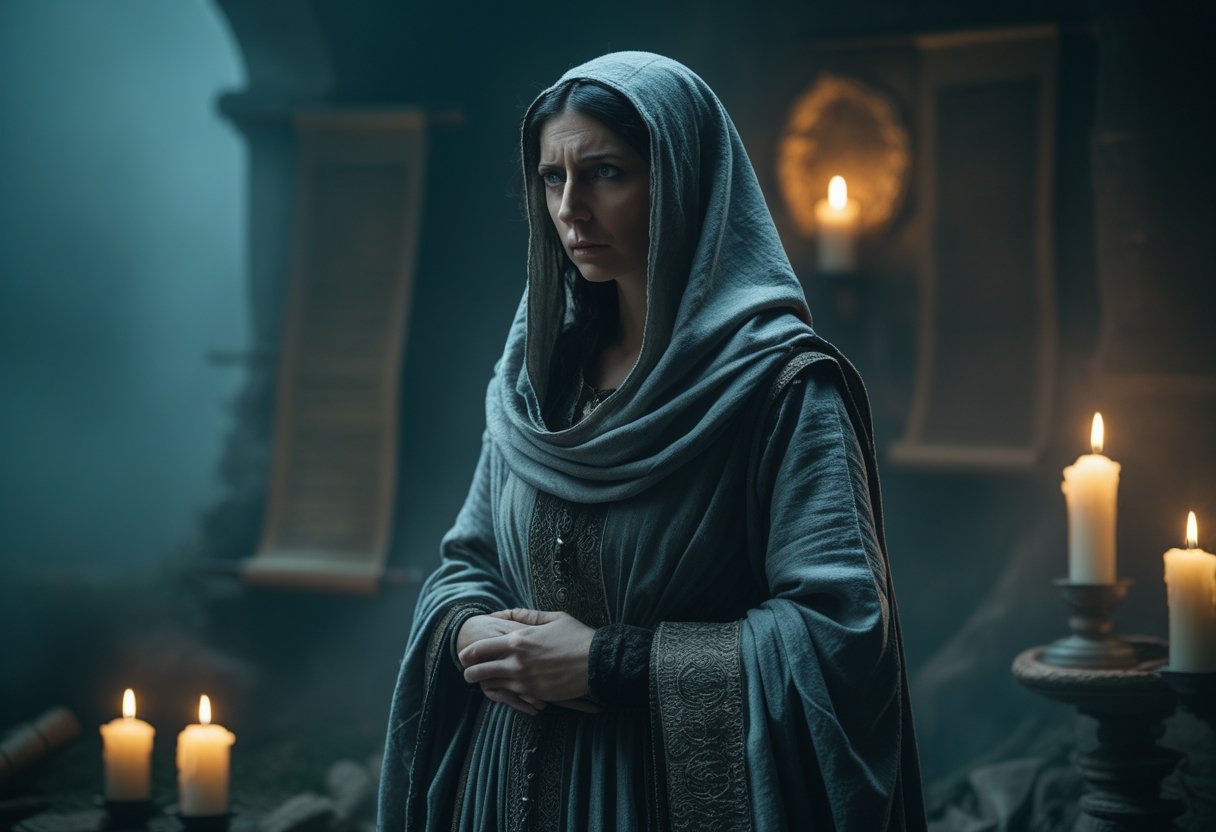 Mulher vestida com roupas antigas, em um ambiente sombrio e místico, com expressão séria e intensa.