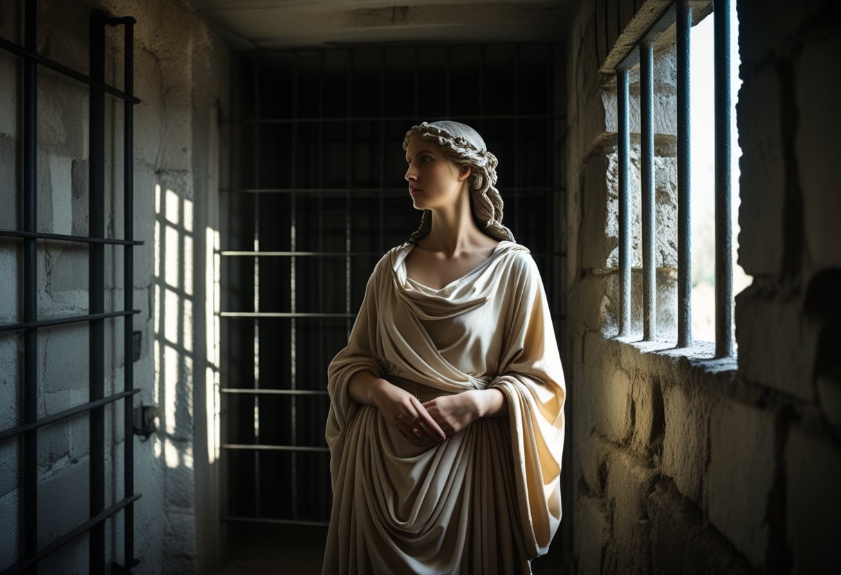 Mulher misteriosa vestida com roupas clássicas dentro de uma cela de prisão antiga com paredes de pedra e barras de ferro.