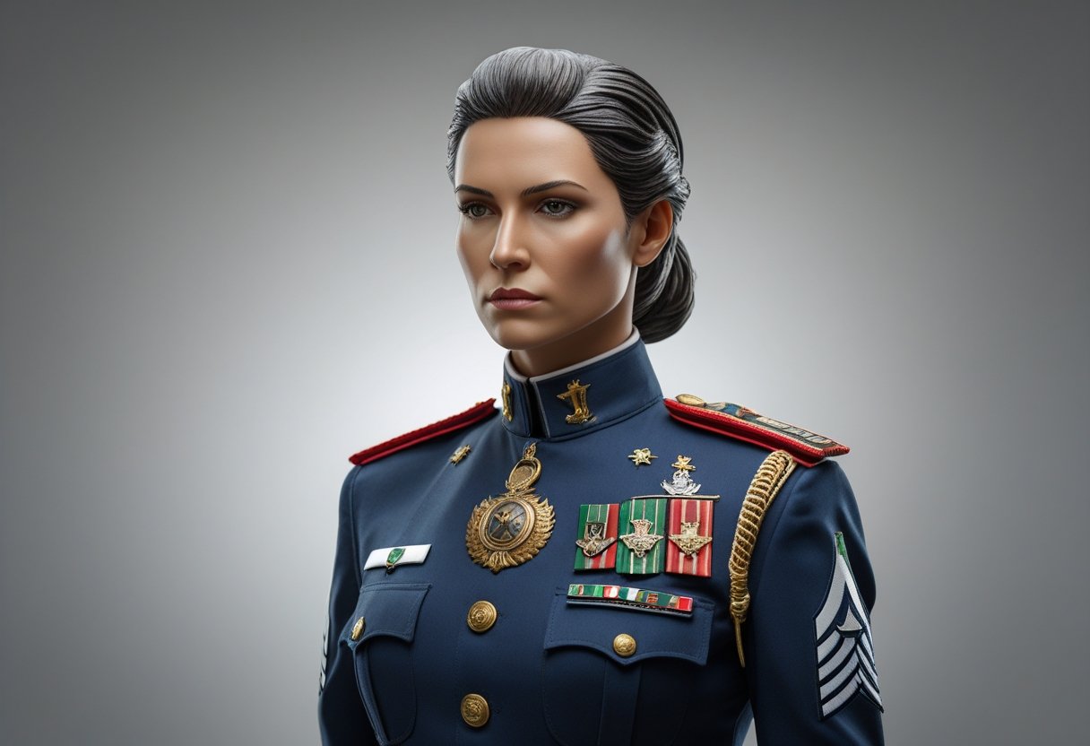 Mulher em uniforme militar italiano em pose formal, com expressão séria.