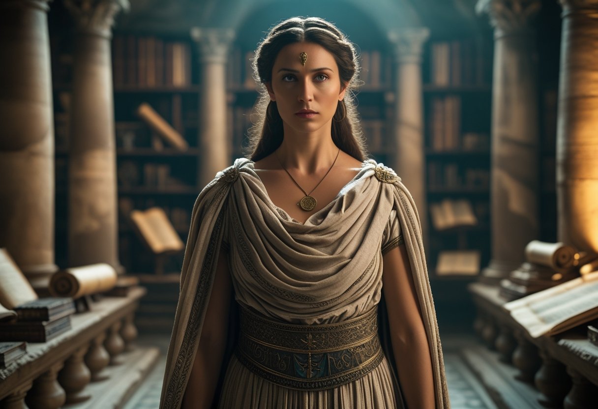 Mulher vestida com roupas antigas em um templo antigo, com expressão intensa e ambiente misterioso.