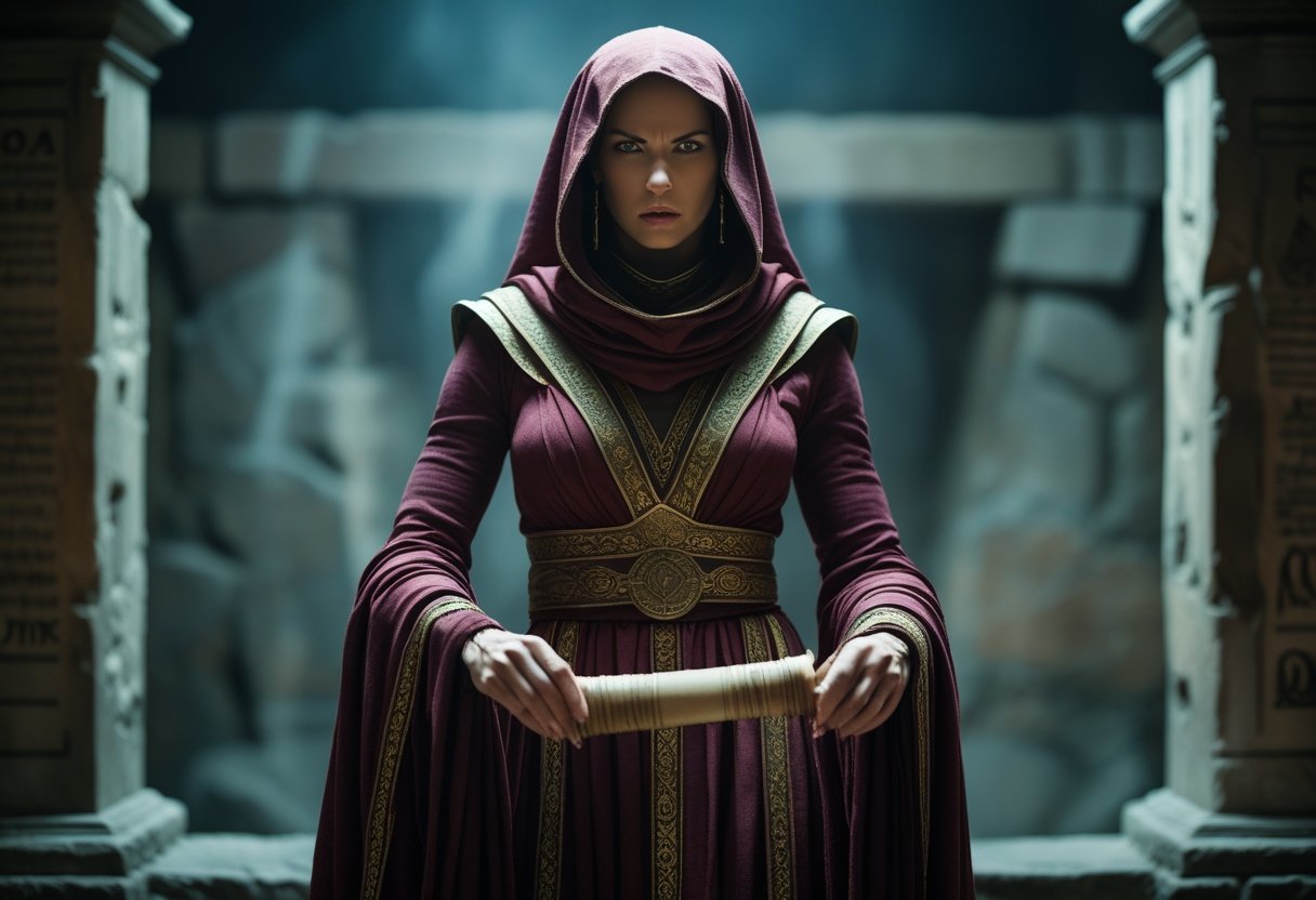 Mulher misteriosa vestindo roupas antigas em uma câmara de pedra, com expressão intensa e confiante.
