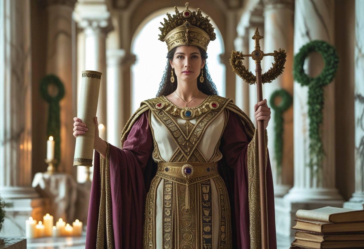 Uma mulher vestida com roupas cerimoniais antigas, segurando um pergaminho e um cajado, em um templo clássico com colunas de mármore.