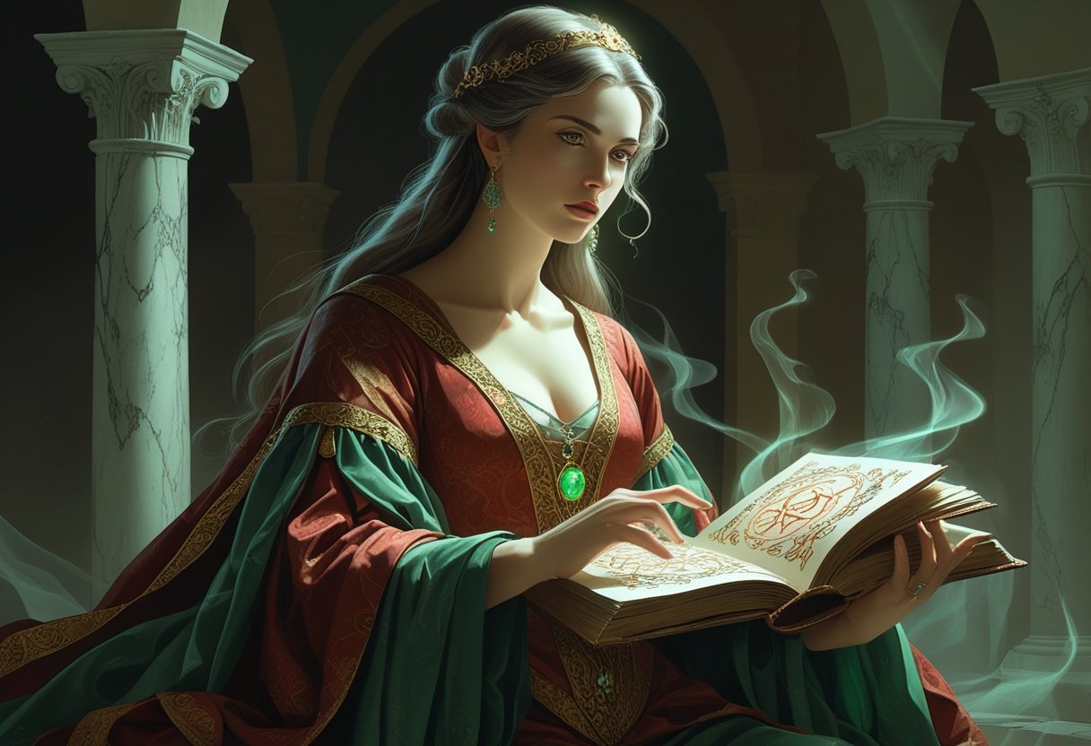 Uma mulher vestida com roupas renascentistas segurando um livro antigo aberto, em um ambiente com colunas e arcos clássicos italianos, com uma expressão misteriosa e ambígua.