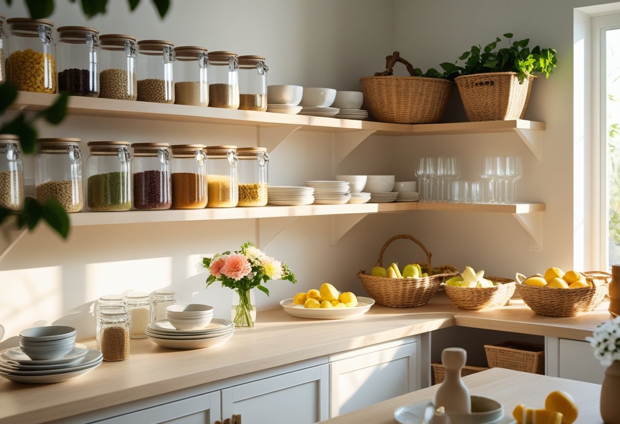 A neatly organized pantry with shelves holding jars of dry goods, baskets of fresh produce, and a countertop set with plates, glassware, and a small vase of flowers.
