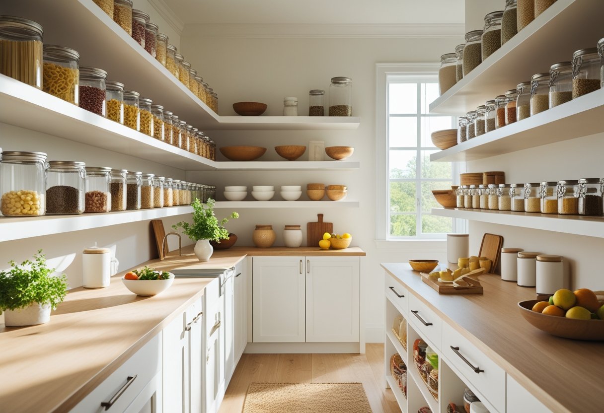 A well-organized pantry with shelves of jars, bowls, cutting boards, and fresh herbs on a countertop under natural light.