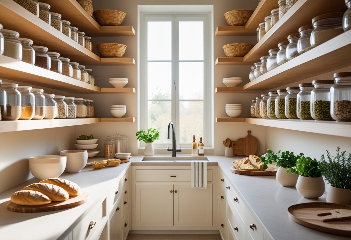 A neatly organized pantry with shelves holding jars, bowls, baskets, and fresh herbs, illuminated by natural light.
