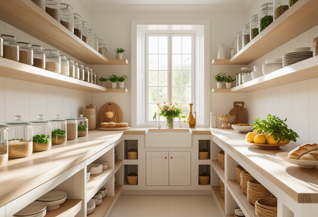 A bright kitchen pantry with open shelves holding jars, dishes, fresh herbs, and a countertop with bread, fruit, and flowers.