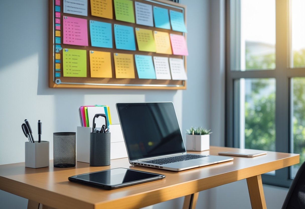 A tidy desk with organized office supplies and a wall organizer in a bright workspace.