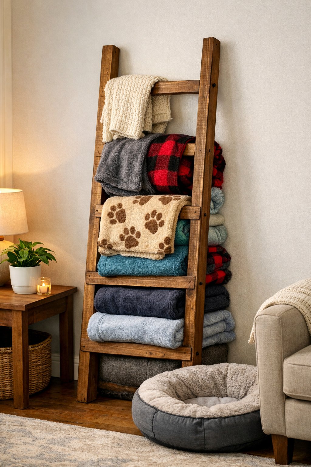 A wooden blanket ladder leaning against a wall with colorful dog blankets arranged around it in a cozy living room corner.