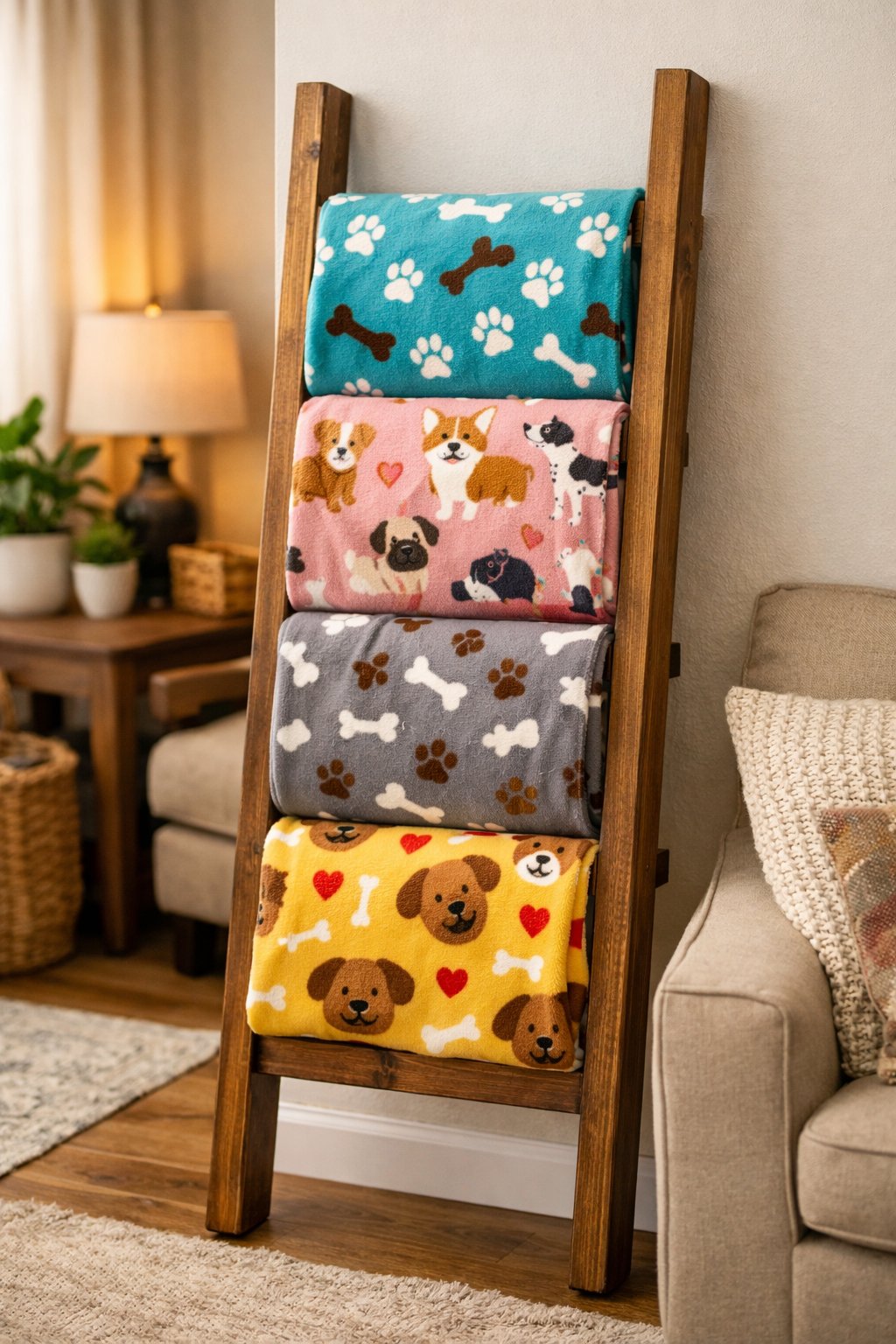 A wooden blanket ladder holding colorful dog blankets in a cozy living room.