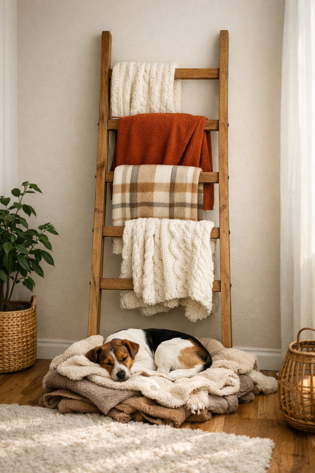 A wooden blanket ladder with folded blankets draped over it next to a small dog lying on a pile of blankets in a cozy living room corner.