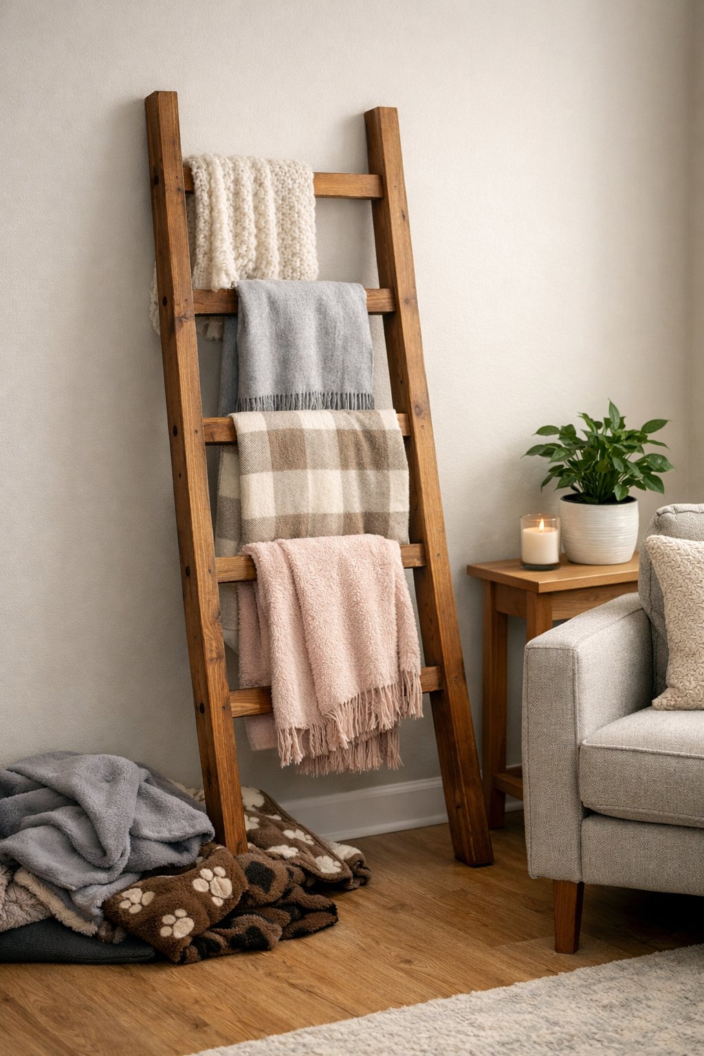 A cozy living room corner with a wooden blanket ladder holding blankets next to a small pile of dog blankets on the floor.