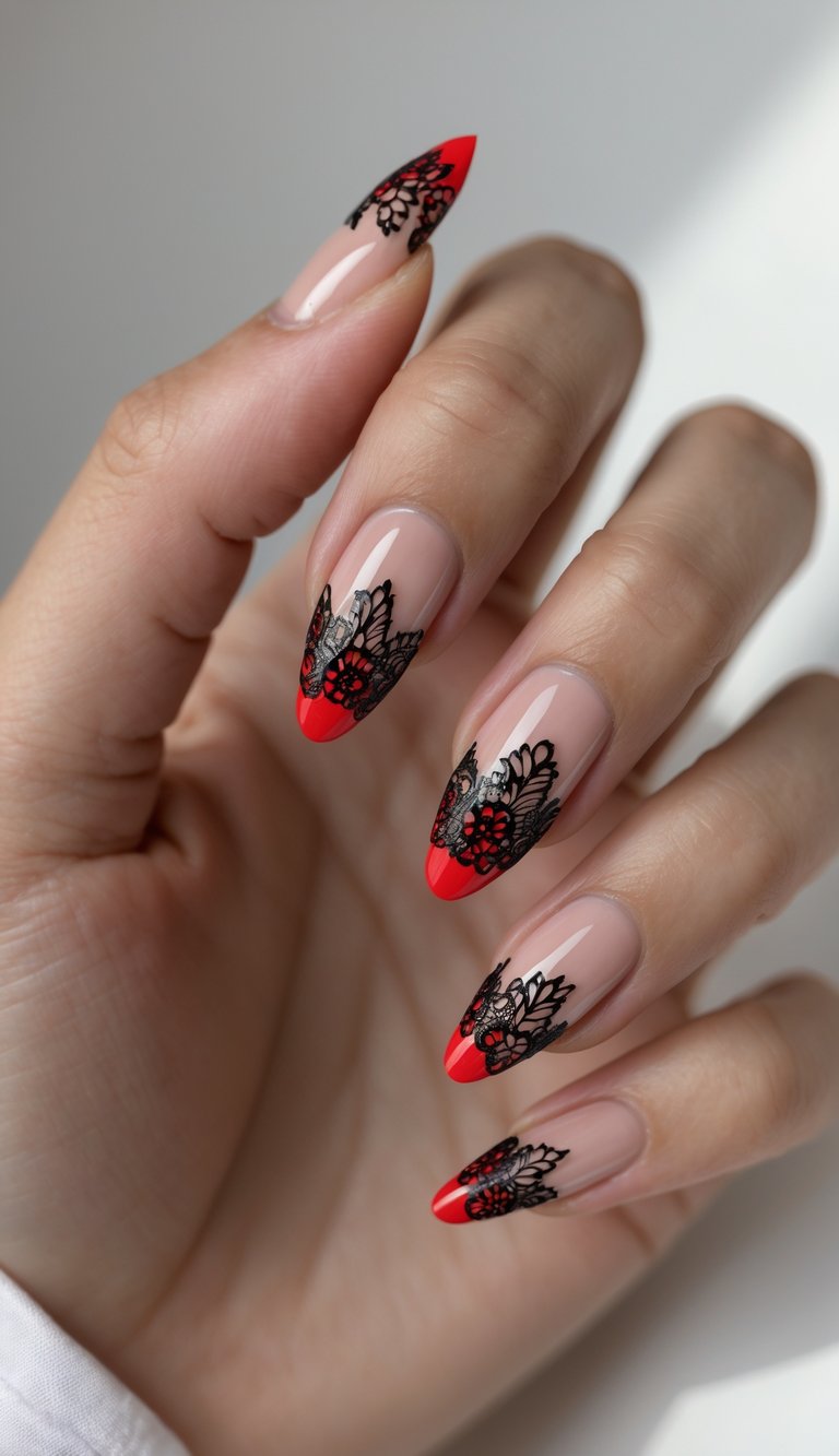 Close-up of a hand showing nails with red tips and black lace patterns on a white background.