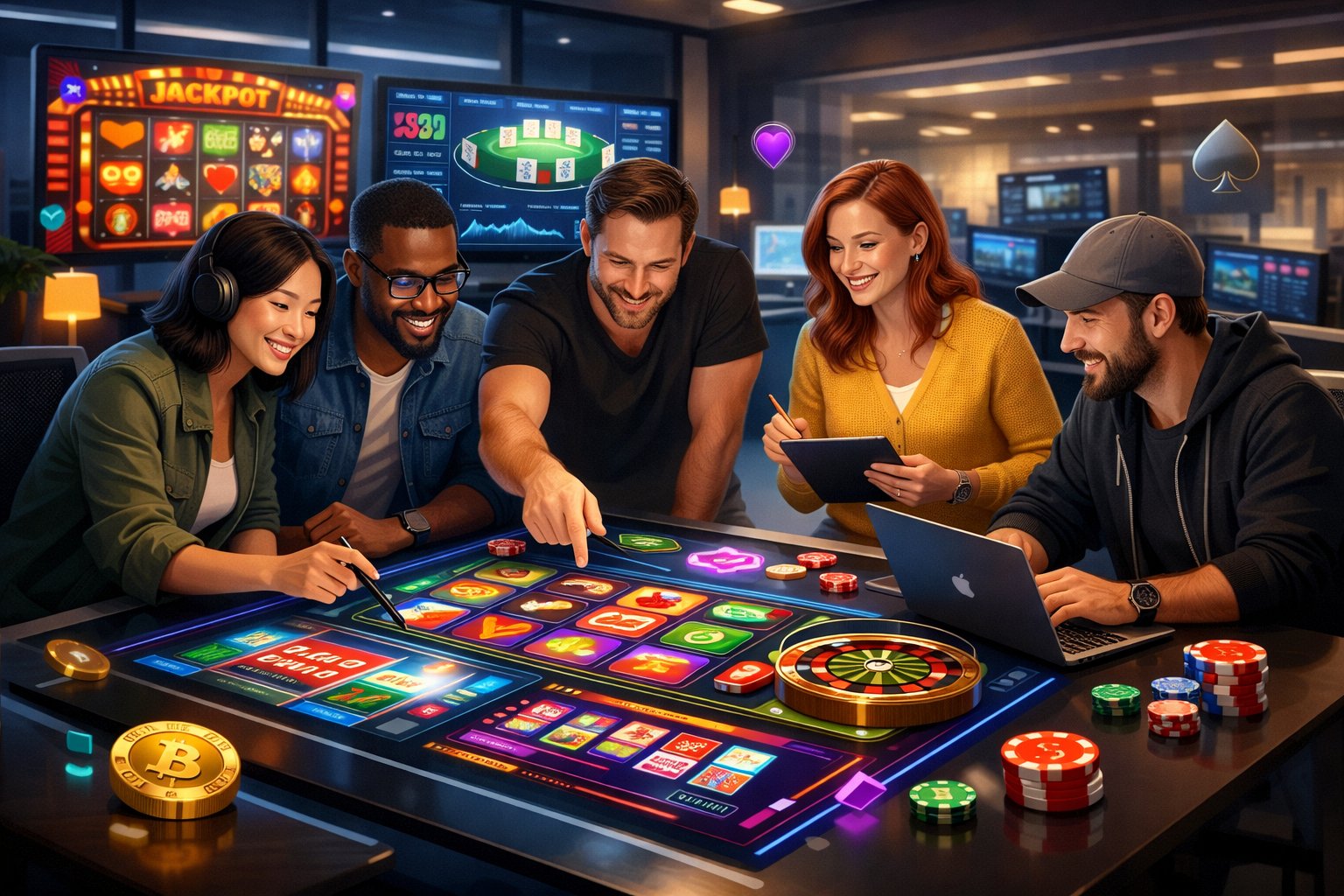 A Team Of Professionals Collaborating In A Modern Office With Computer Screens Showing Casino Game Designs And Animations.