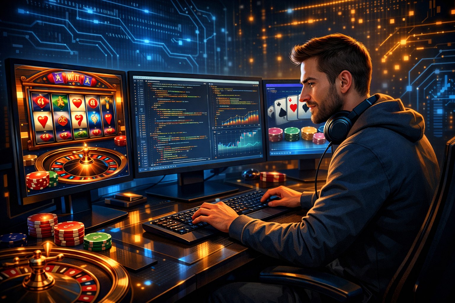 A Software Developer Working At A Desk With Multiple Monitors Showing Casino Game Interfaces Like Slot Machines And Cards, Surrounded By Digital And Technological Elements.