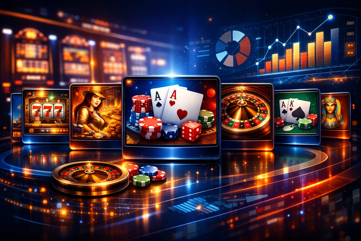 A Digital Interface Showing A Variety Of Casino Games Including Slots, Poker, Roulette, And Blackjack With Glowing Lights And Abstract Data Elements In The Background.