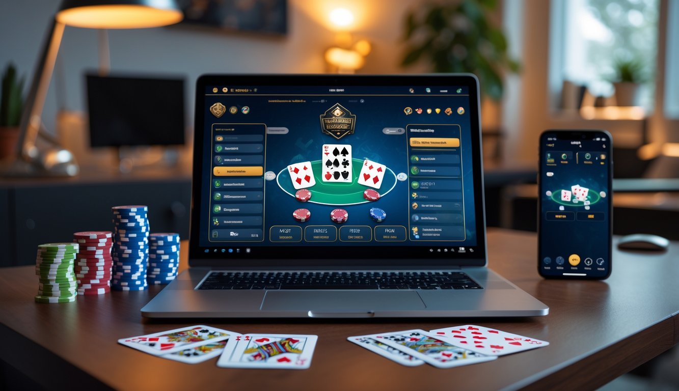 Seorang pria duduk di depan laptop dengan kartu remi dan chip poker di meja, menunjukkan suasana permainan kartu online yang resmi dan terpercaya.