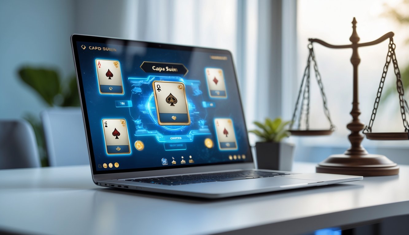 Sebuah laptop di meja kerja menampilkan permainan kartu Capsa Susun dengan suasana ruangan yang terang dan rapi.