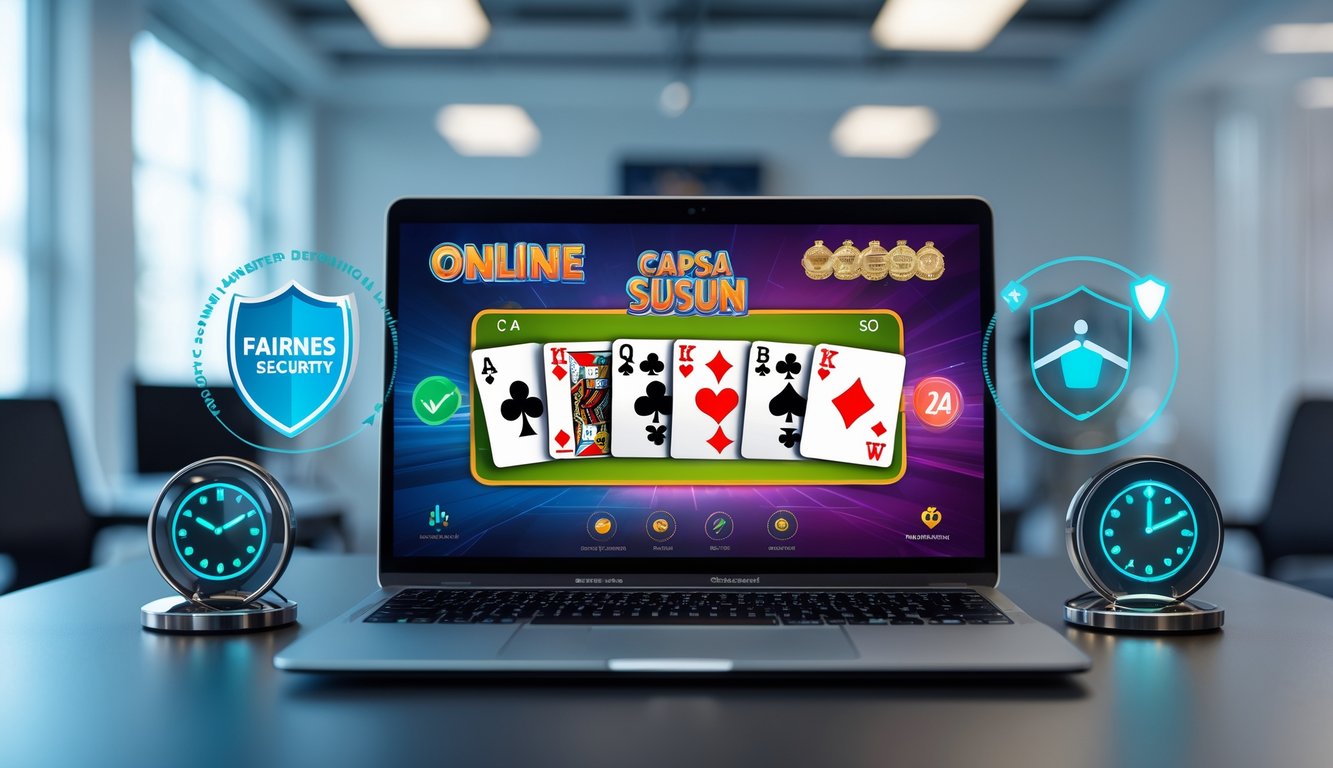 Seseorang menggunakan laptop dengan tampilan permainan Capsa Susun online di layar dalam ruangan kantor yang terang dan rapi.