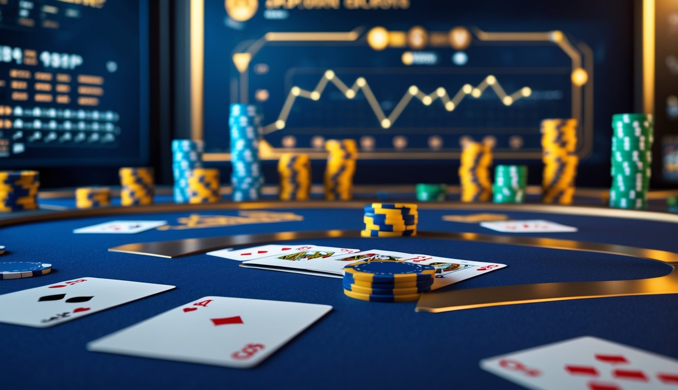 Meja permainan kartu Capsa Susun dengan kartu dan chip poker yang tertata rapi di lingkungan digital yang modern.