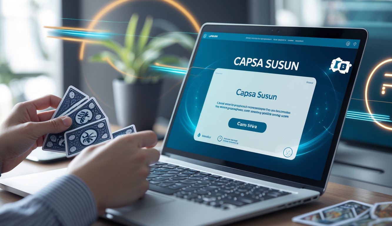 Seseorang bermain kartu Capsa Susun di depan komputer dengan suasana kerja yang rapi dan pencahayaan alami.