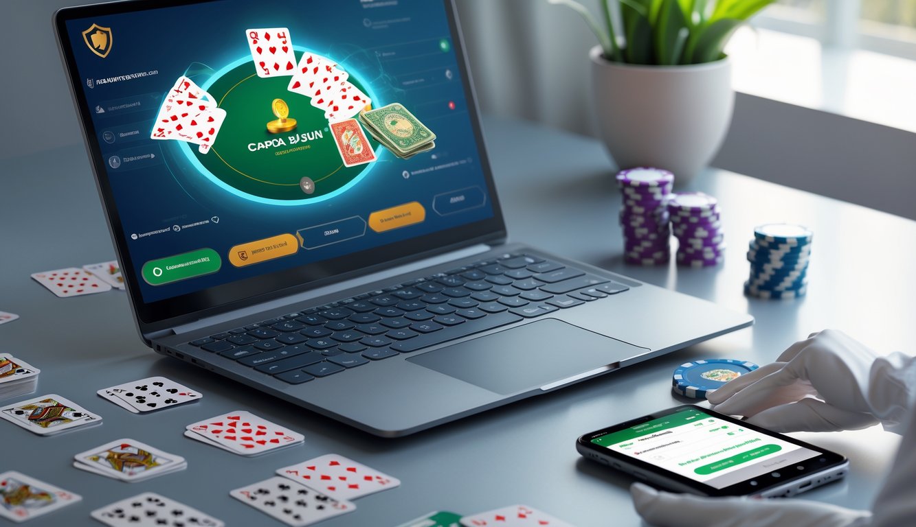 Sebuah ruang kerja modern dengan laptop yang menampilkan permainan kartu Capsa Susun dan ponsel yang menunjukkan aplikasi perbankan untuk deposit dan penarikan cepat.