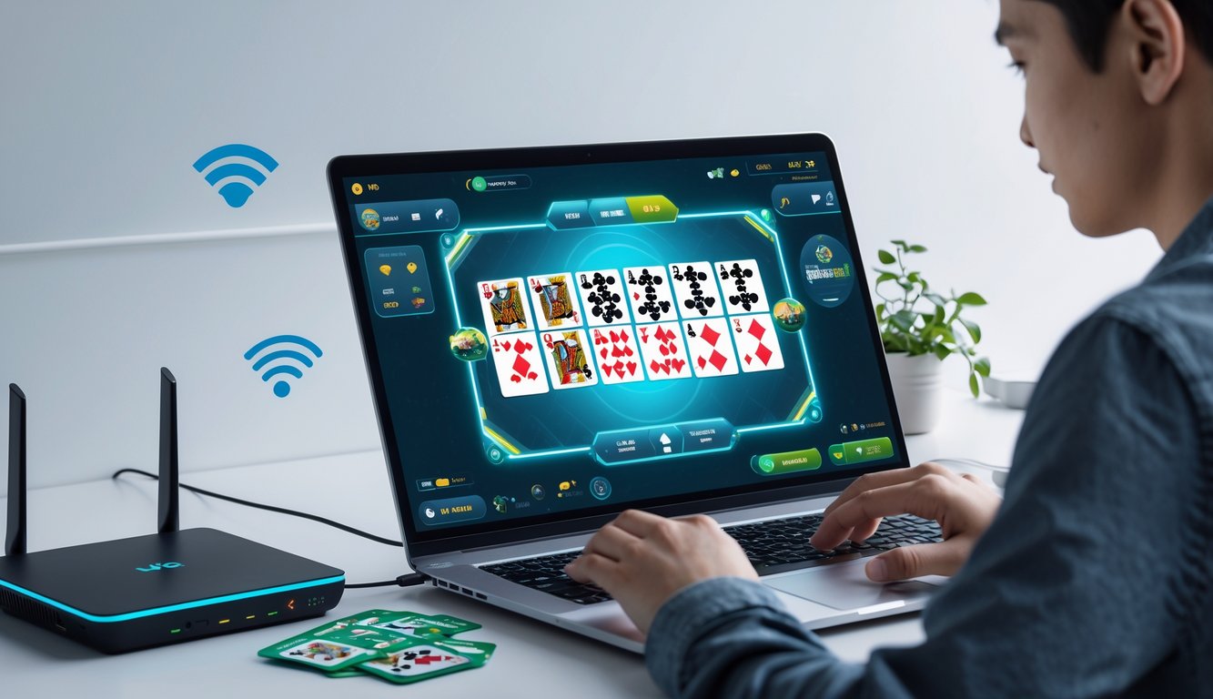 Seseorang bermain permainan kartu digital di komputer dengan suasana yang tenang dan perangkat yang rapi.