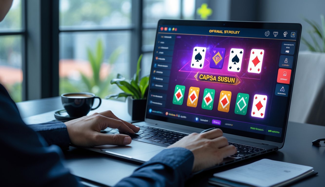 Seseorang menggunakan laptop dengan tampilan permainan kartu Capsa Susun online di meja kerja yang rapi dan terang.