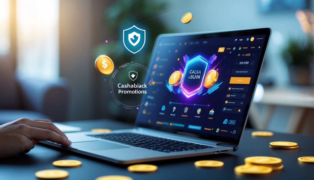 Seorang pria menggunakan laptop dengan tampilan permainan kartu digital di meja kerja modern yang terang dan nyaman.