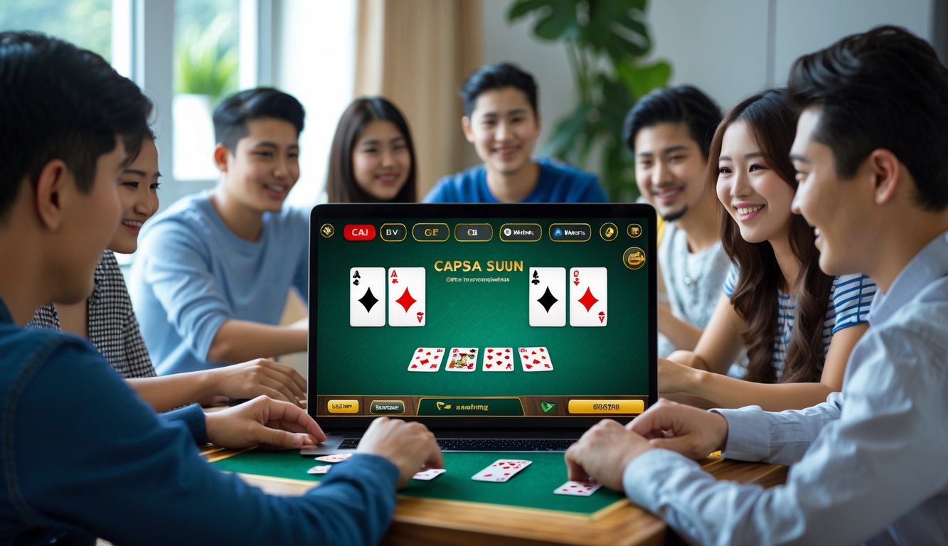 Beberapa orang muda sedang bermain Capsa Susun secara online di laptop dengan suasana nyaman dan ceria.