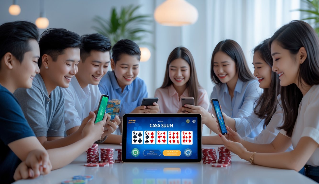 Sekelompok orang muda bermain permainan kartu Capsa Susun menggunakan tablet dan ponsel di meja modern.