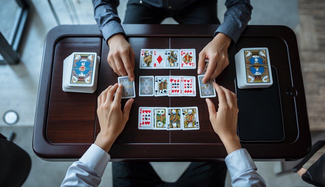 Pandangan atas meja permainan kartu Capsa Susun dengan kartu tersusun rapi dan tangan pemain yang sedang menata kartu.