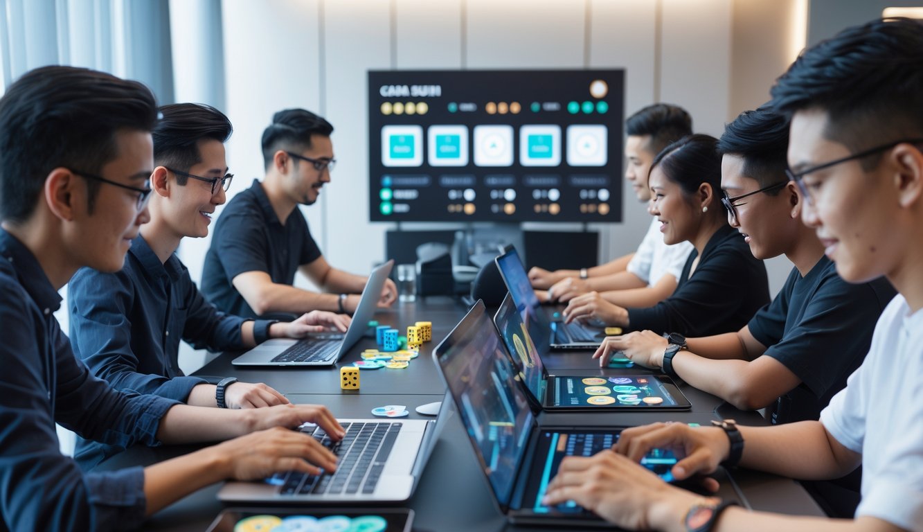 Sekelompok orang sedang bermain game kartu Capsa Susun secara online dalam sebuah ruangan modern dengan perangkat elektronik.