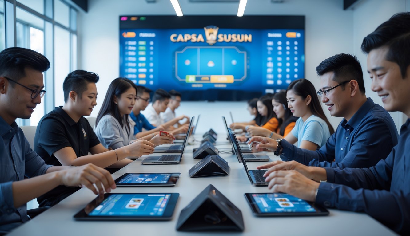 Sekelompok orang bermain Capsa Susun secara online menggunakan perangkat digital dalam ruangan modern dengan layar besar menampilkan papan skor turnamen.
