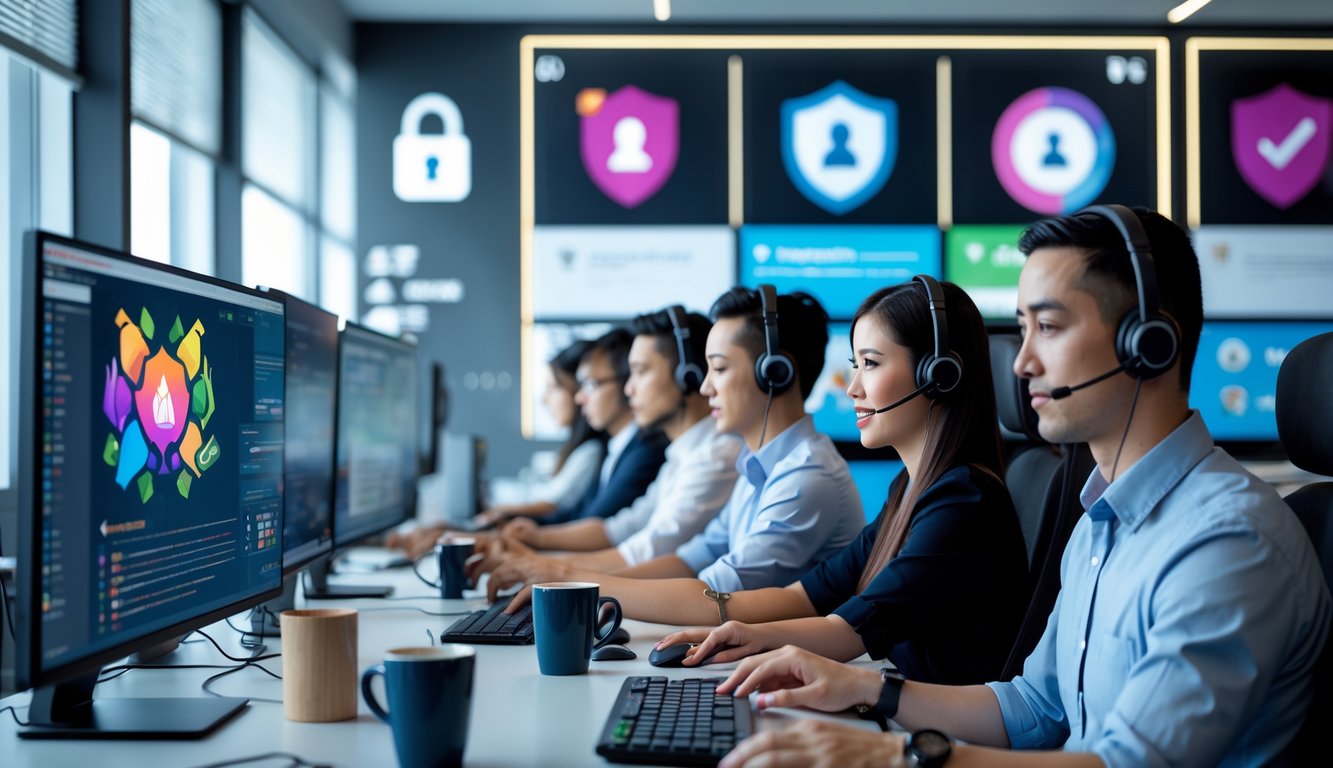 Tim layanan pelanggan sedang bekerja di kantor modern dengan komputer, memberikan dukungan untuk permainan kartu online.