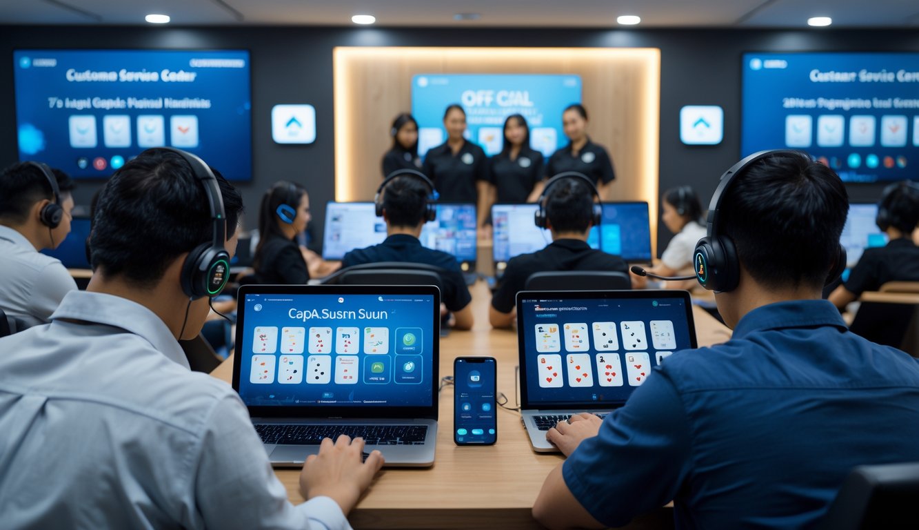 Orang-orang menggunakan perangkat digital untuk bermain game kartu Capsa Susun dengan latar belakang pusat layanan pelanggan yang ramah dan profesional.
