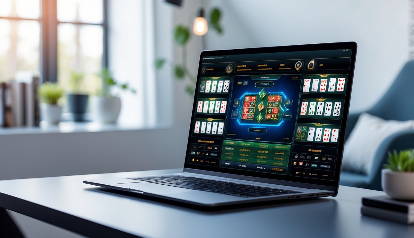 Seseorang menggunakan komputer dengan tampilan permainan kartu digital di layar dalam ruangan yang rapi dan terang.