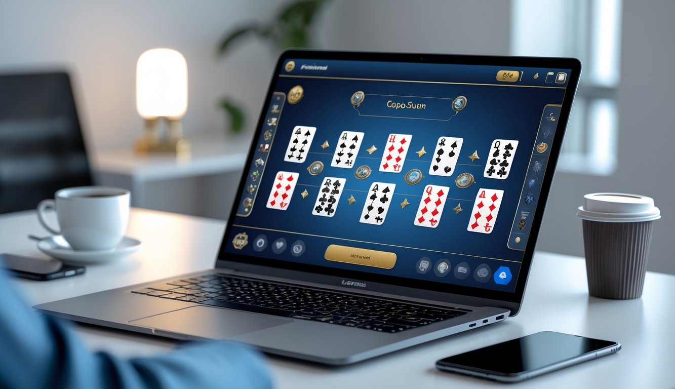 Seseorang bermain Capsa Susun online di depan layar komputer dengan beberapa meja kartu virtual terlihat.