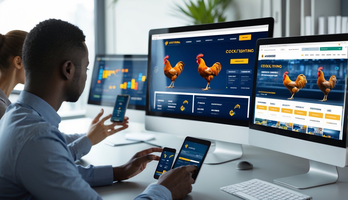 Orang-orang menggunakan laptop dan ponsel di ruangan modern dengan tampilan situs sabung ayam online yang cepat dan terpercaya.