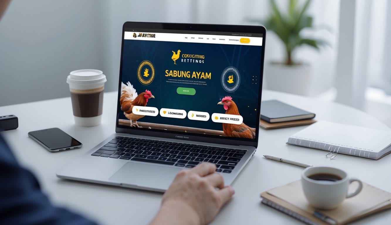 Seorang pria menggunakan laptop di meja kerja dengan tampilan situs taruhan sabung ayam online yang terpercaya dan cepat.